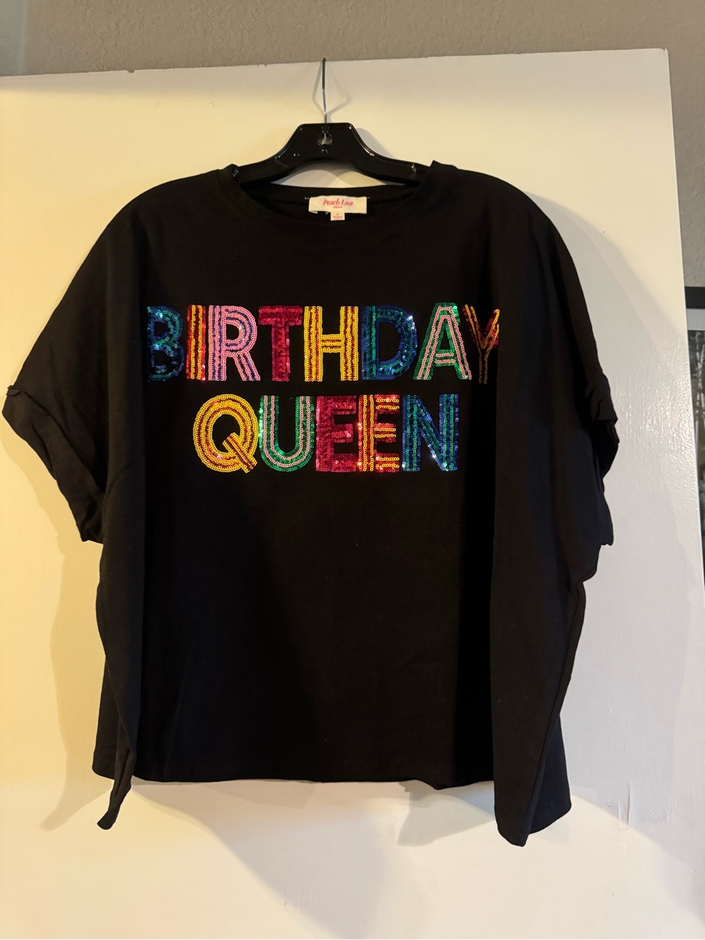 NWOT Birthday Queen Sequin Black Tee